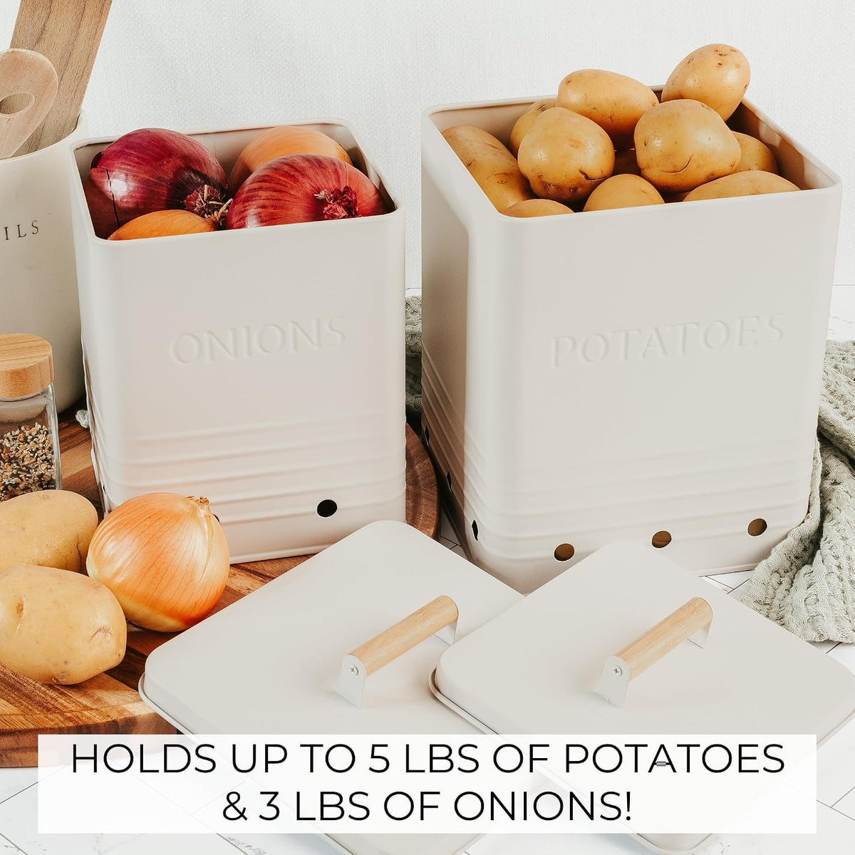 Beautiful Potato and Onion Storage Container Set, 10.1" & 8.9" - Perfectly Sized Spacious Canisters For Your Kitchen Counter Or Pantry - Food Safe Metal Bins Keep Produce Fresh Longer