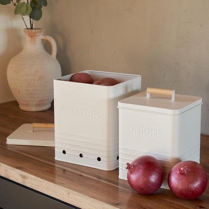 Beautiful Potato and Onion Storage Container Set, 10.1" & 8.9" - Perfectly Sized Spacious Canisters For Your Kitchen Counter Or Pantry - Food Safe Metal Bins Keep Produce Fresh Longer