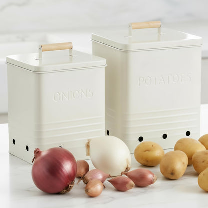 Beautiful Potato and Onion Storage Container Set, 10.1" & 8.9" - Perfectly Sized Spacious Canisters For Your Kitchen Counter Or Pantry - Food Safe Metal Bins Keep Produce Fresh Longer