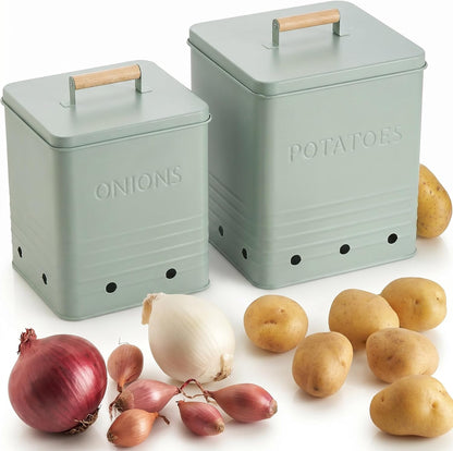 Beautiful Potato and Onion Storage Container Set, 10.1" & 8.9" - Perfectly Sized Spacious Canisters For Your Kitchen Counter Or Pantry - Food Safe Metal Bins Keep Produce Fresh Longer
