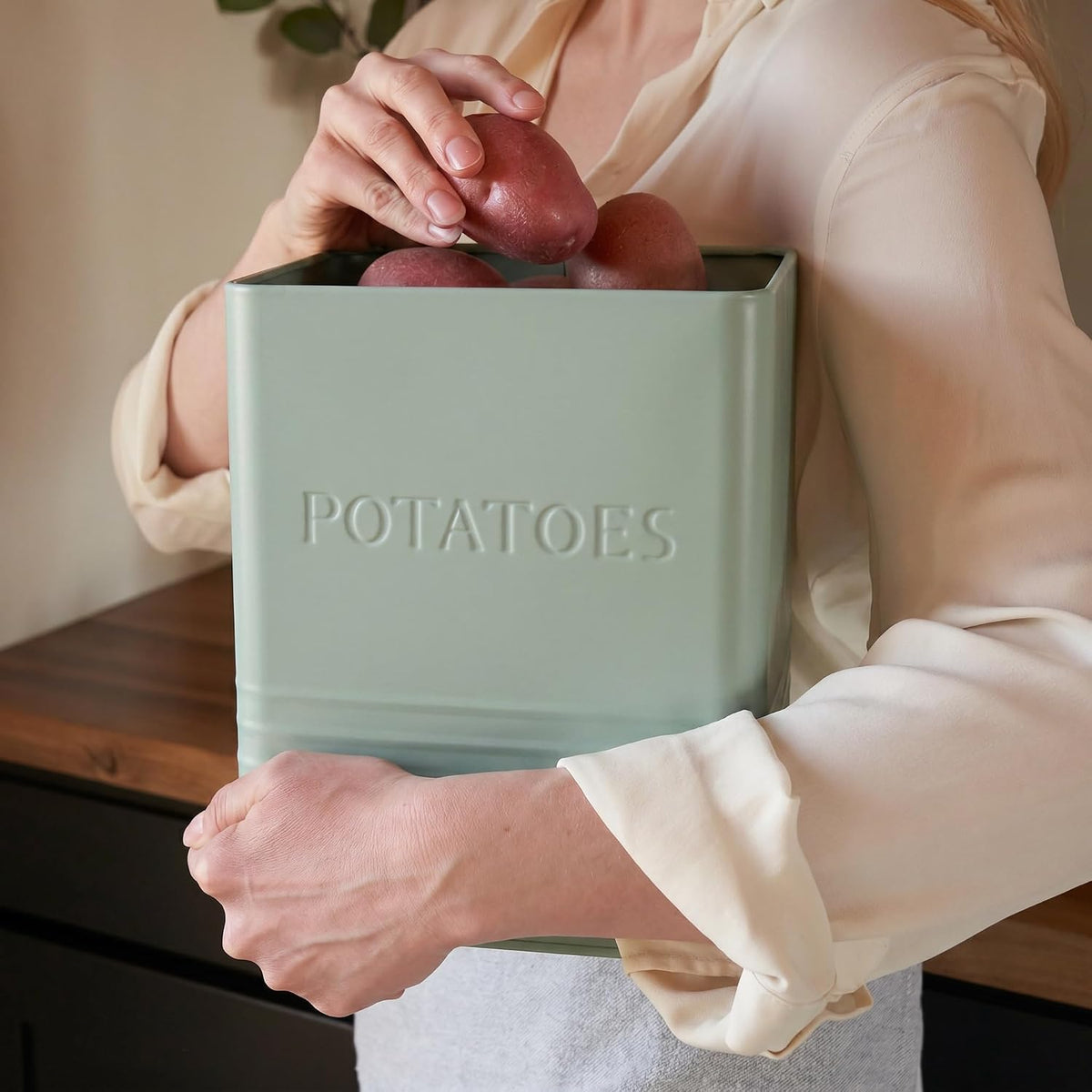 Beautiful Potato and Onion Storage Container Set, 10.1" & 8.9" - Perfectly Sized Spacious Canisters For Your Kitchen Counter Or Pantry - Food Safe Metal Bins Keep Produce Fresh Longer