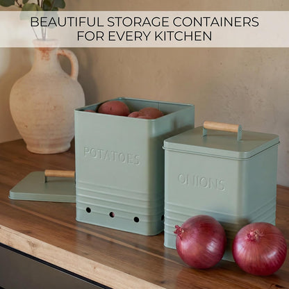 Beautiful Potato and Onion Storage Container Set, 10.1" & 8.9" - Perfectly Sized Spacious Canisters For Your Kitchen Counter Or Pantry - Food Safe Metal Bins Keep Produce Fresh Longer