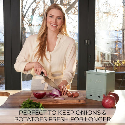 Beautiful Potato and Onion Storage Container Set, 10.1" & 8.9" - Perfectly Sized Spacious Canisters For Your Kitchen Counter Or Pantry - Food Safe Metal Bins Keep Produce Fresh Longer