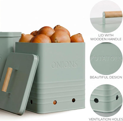 Beautiful Potato and Onion Storage Container Set, 10.1" & 8.9" - Perfectly Sized Spacious Canisters For Your Kitchen Counter Or Pantry - Food Safe Metal Bins Keep Produce Fresh Longer