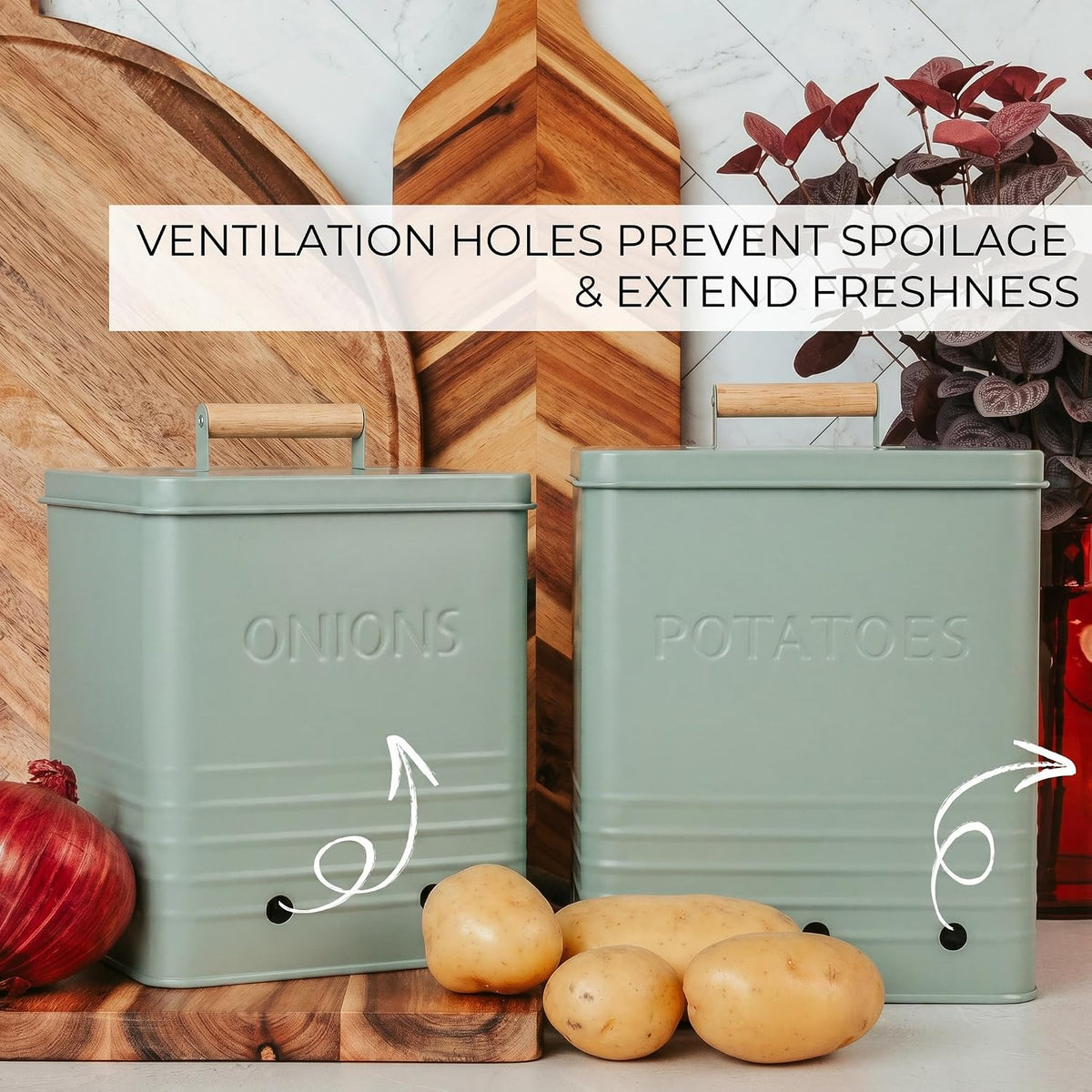 Beautiful Potato and Onion Storage Container Set, 10.1" & 8.9" - Perfectly Sized Spacious Canisters For Your Kitchen Counter Or Pantry - Food Safe Metal Bins Keep Produce Fresh Longer