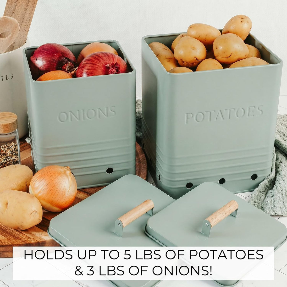 Beautiful Potato and Onion Storage Container Set, 10.1" & 8.9" - Perfectly Sized Spacious Canisters For Your Kitchen Counter Or Pantry - Food Safe Metal Bins Keep Produce Fresh Longer