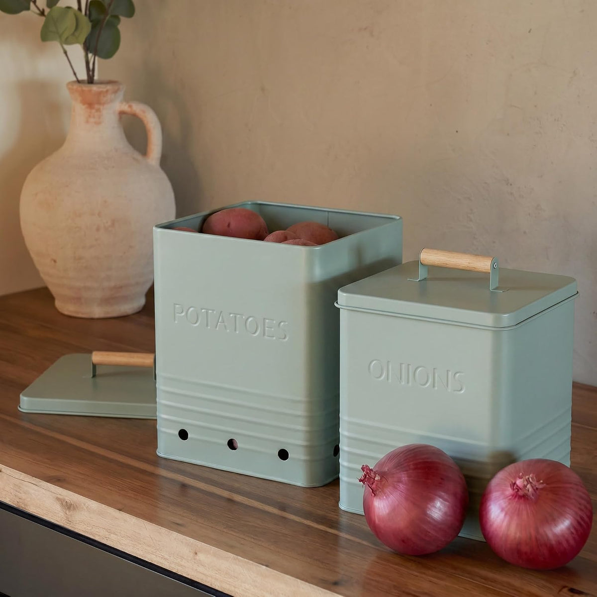Beautiful Potato and Onion Storage Container Set, 10.1" & 8.9" - Perfectly Sized Spacious Canisters For Your Kitchen Counter Or Pantry - Food Safe Metal Bins Keep Produce Fresh Longer