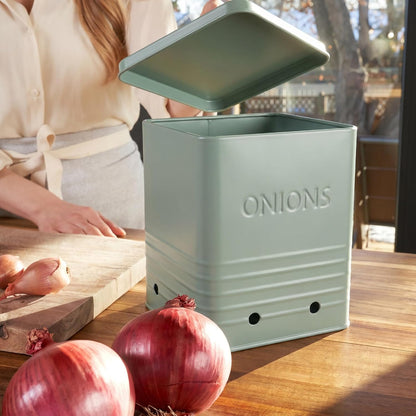 Beautiful Potato and Onion Storage Container Set, 10.1" & 8.9" - Perfectly Sized Spacious Canisters For Your Kitchen Counter Or Pantry - Food Safe Metal Bins Keep Produce Fresh Longer