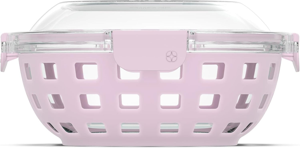 DuraGlass Food Storage Glass Lunch Bowl Container - Meal Prep Container with Silicone Sleeve and Airtight Lid, 5 Cup, Cashmere Pink