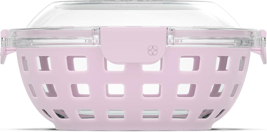 DuraGlass Food Storage Glass Lunch Bowl Container - Meal Prep Container with Silicone Sleeve and Airtight Lid, 5 Cup, Cashmere Pink