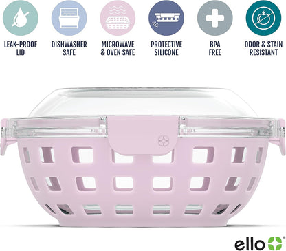 DuraGlass Food Storage Glass Lunch Bowl Container - Meal Prep Container with Silicone Sleeve and Airtight Lid, 5 Cup, Cashmere Pink