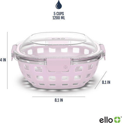 DuraGlass Food Storage Glass Lunch Bowl Container - Meal Prep Container with Silicone Sleeve and Airtight Lid, 5 Cup, Cashmere Pink
