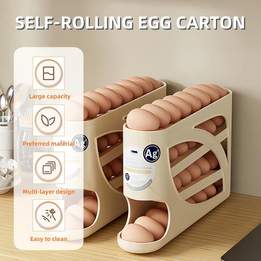 Automatic Egg Dispenser for Refrigerator, 4-Tier Rolling Egg Holder, Space-Saving Kitchen Egg Storage Organizer, Holds Up to 30 Eggs, Countertop Egg Container