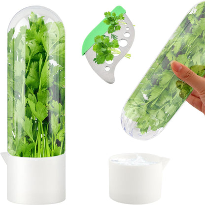 Herb Saver for Refrigerator With Herb Stem Stripping Tool,Herb Keeper & Cilantro Container,Vegetable Preservation Bottle for Cilantro,Parsley,Mint,Keeps Greens for 2-3 Weeks