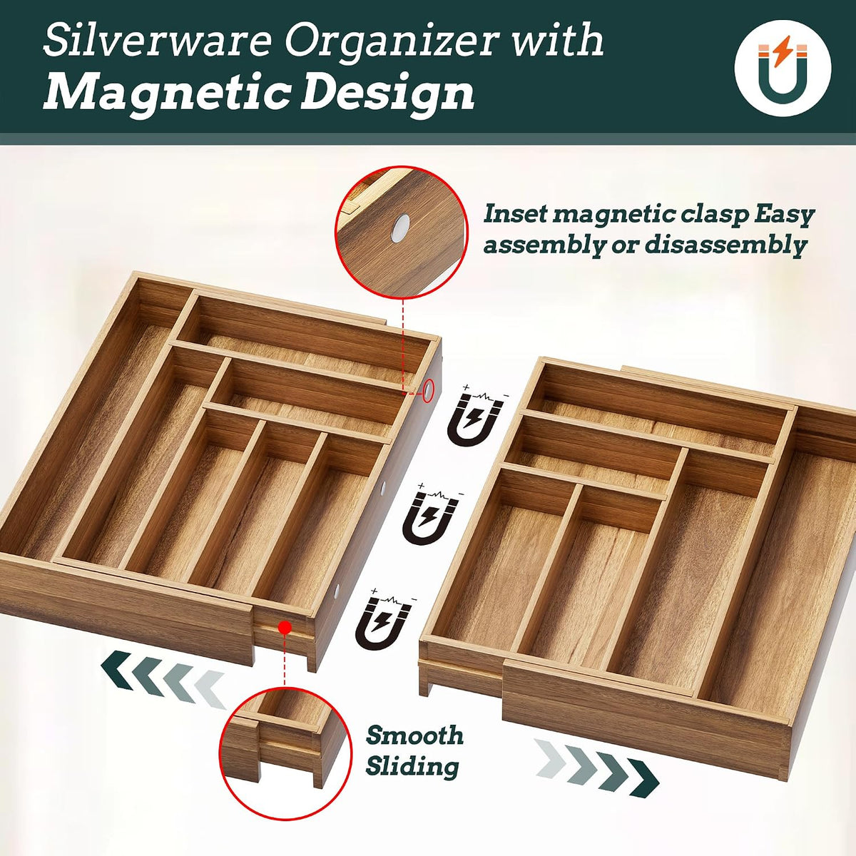Silverware Organizer Large, Magnetic Connected Expandable 13 Slots Silverware Drawer Organizer From 21 to 37.4 Inches, Adjustable Flatware and Cutlery Holder, Bamboo Utensil Tray for Kitchen Natural