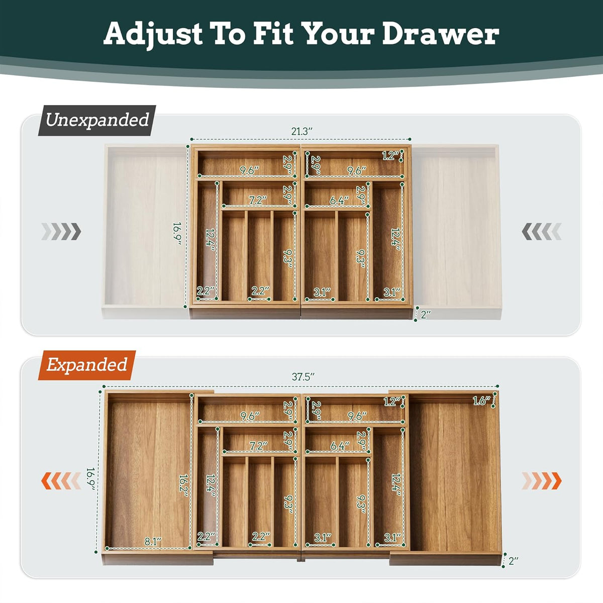 Silverware Organizer Large, Magnetic Connected Expandable 13 Slots Silverware Drawer Organizer From 21 to 37.4 Inches, Adjustable Flatware and Cutlery Holder, Bamboo Utensil Tray for Kitchen Natural