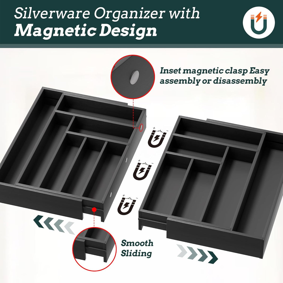 Silverware Organizer Large, Magnetic Connected Expandable 13 Slots Silverware Drawer Organizer From 21 to 37.4 Inches, Adjustable Flatware and Cutlery Holder, Bamboo Utensil Tray for Kitchen Natural