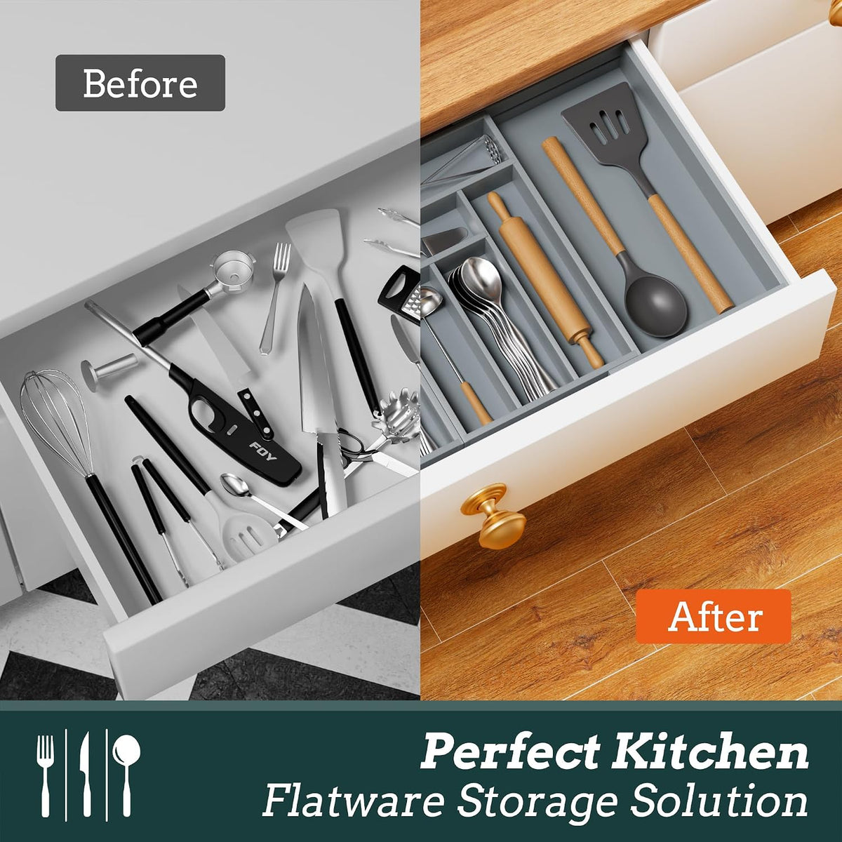 Silverware Organizer Large, Magnetic Connected Expandable 13 Slots Silverware Drawer Organizer From 21 to 37.4 Inches, Adjustable Flatware and Cutlery Holder, Bamboo Utensil Tray for Kitchen Natural