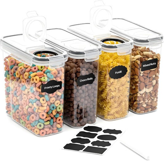 Cereal Containers Storage with Lids - Airtight Kitchen Dry Food Storage Containers & BPA Free Cereal Dispenser For Pantry Organizer And Storage (Clear, 4 Liter Pack of 4)