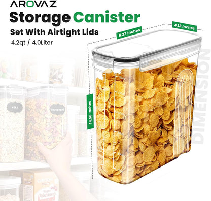 Cereal Containers Storage with Lids - Airtight Kitchen Dry Food Storage Containers & BPA Free Cereal Dispenser For Pantry Organizer And Storage (Clear, 4 Liter Pack of 4)