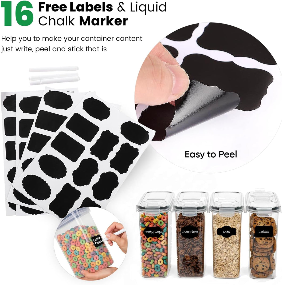 Cereal Containers Storage with Lids - Airtight Kitchen Dry Food Storage Containers & BPA Free Cereal Dispenser For Pantry Organizer And Storage (Clear, 4 Liter Pack of 4)