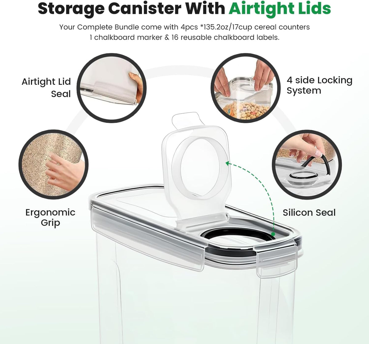 Cereal Containers Storage with Lids - Airtight Kitchen Dry Food Storage Containers & BPA Free Cereal Dispenser For Pantry Organizer And Storage (Clear, 4 Liter Pack of 4)