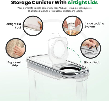 Cereal Containers Storage with Lids - Airtight Kitchen Dry Food Storage Containers & BPA Free Cereal Dispenser For Pantry Organizer And Storage (Clear, 4 Liter Pack of 4)