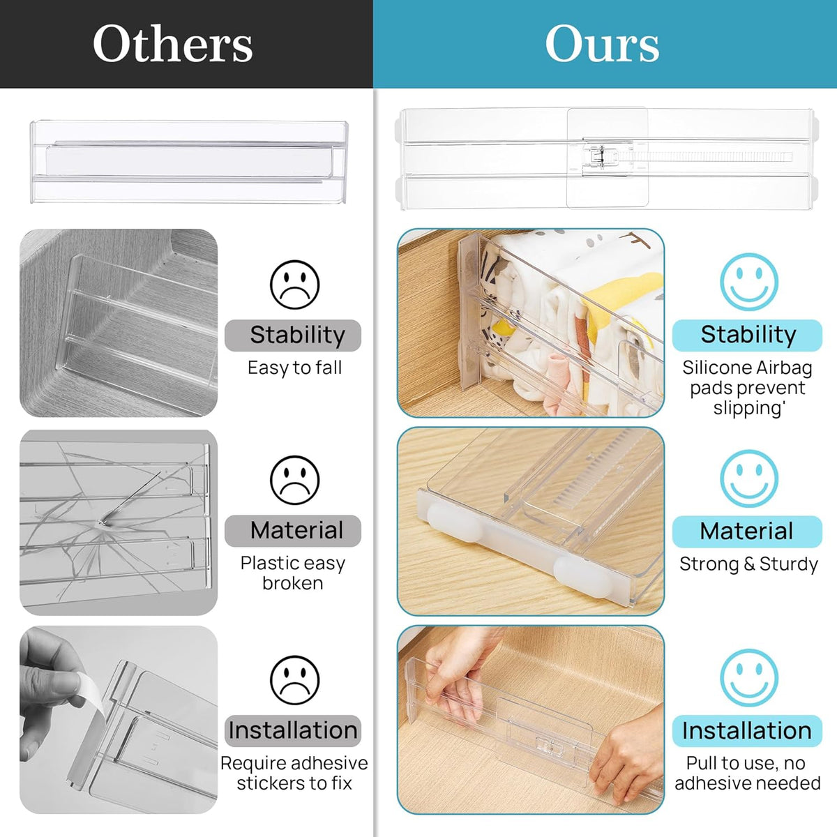 12 Pack Drawer Dividers for Clothes, 4" High 10.2"-16.5" Adjustable Expandable Dresser Drawer Organizer, Clear Plastic Separators for Dresser, Baby Clothing, Underwear, Cosmetic, Toiletries