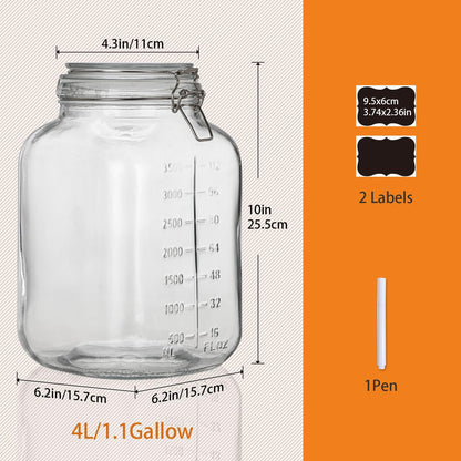 1.1 Gallon Large Glass Food Storage Jars with Airtight Lids,Set of 2 Square Wide Mouth Airtight Glass Storage Container,135oz Kitchen Mason Jar with Measurement Mark,for Flour Sugar Canning.