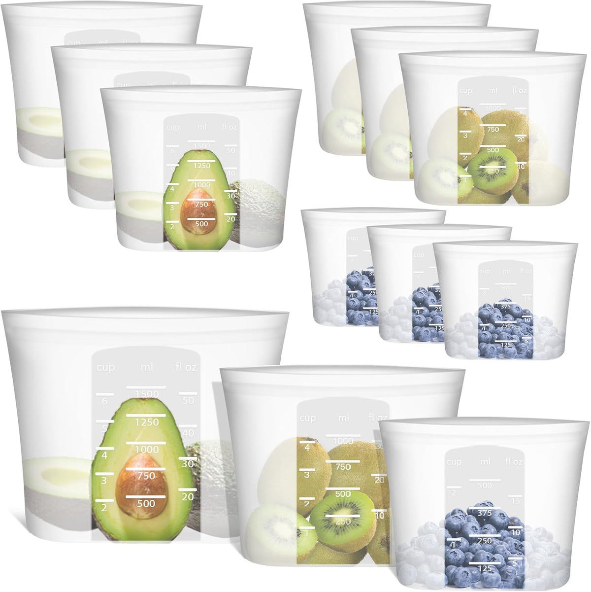 100% Silicone Reusable Storage Bag, Stand-Up Wide-Mouth Zip-Lock Food Storage Bags, Easy-Fill Easy-Open Easy-Clean Space-Saving, Microwave & Dishwasher Safe, 3 M/3 S/3 XS, Translucent