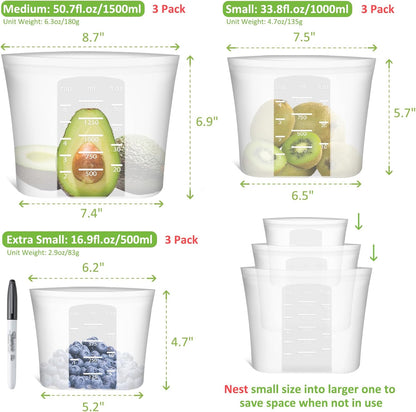 100% Silicone Reusable Storage Bag, Stand-Up Wide-Mouth Zip-Lock Food Storage Bags, Easy-Fill Easy-Open Easy-Clean Space-Saving, Microwave & Dishwasher Safe, 3 M/3 S/3 XS, Translucent