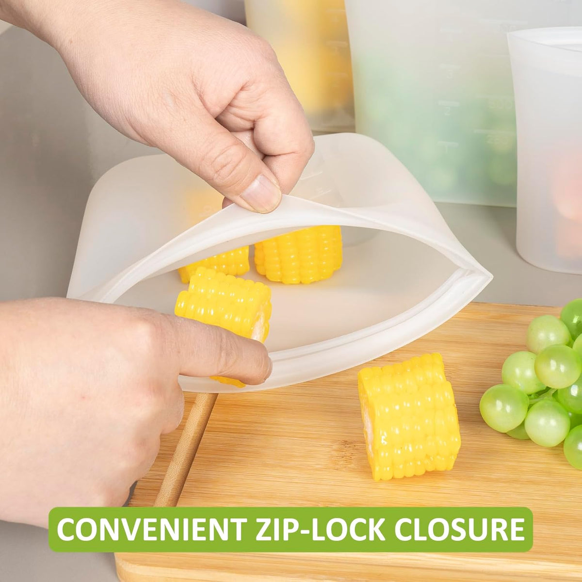 100% Silicone Reusable Storage Bag, Stand-Up Wide-Mouth Zip-Lock Food Storage Bags, Easy-Fill Easy-Open Easy-Clean Space-Saving, Microwave & Dishwasher Safe, 3 M/3 S/3 XS, Translucent