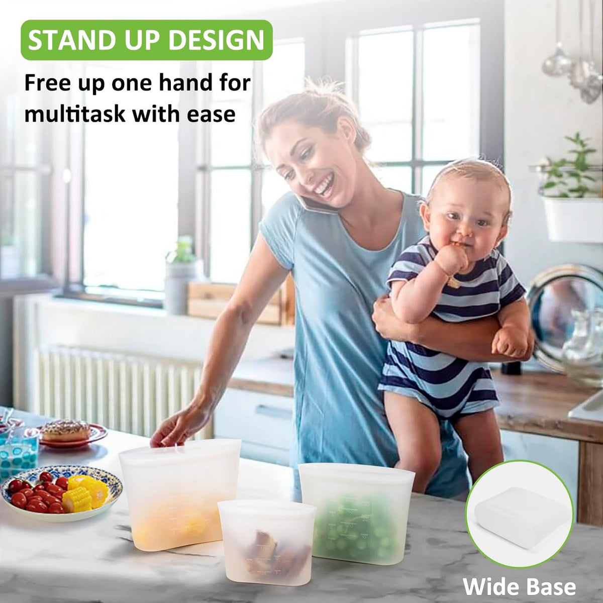 100% Silicone Reusable Storage Bag, Stand-Up Wide-Mouth Zip-Lock Food Storage Bags, Easy-Fill Easy-Open Easy-Clean Space-Saving, Microwave & Dishwasher Safe, 3 M/3 S/3 XS, Translucent