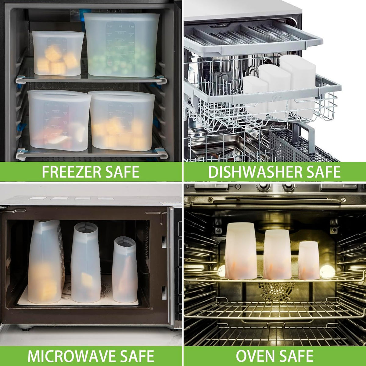 100% Silicone Reusable Storage Bag, Stand-Up Wide-Mouth Zip-Lock Food Storage Bags, Easy-Fill Easy-Open Easy-Clean Space-Saving, Microwave & Dishwasher Safe, 3 M/3 S/3 XS, Translucent