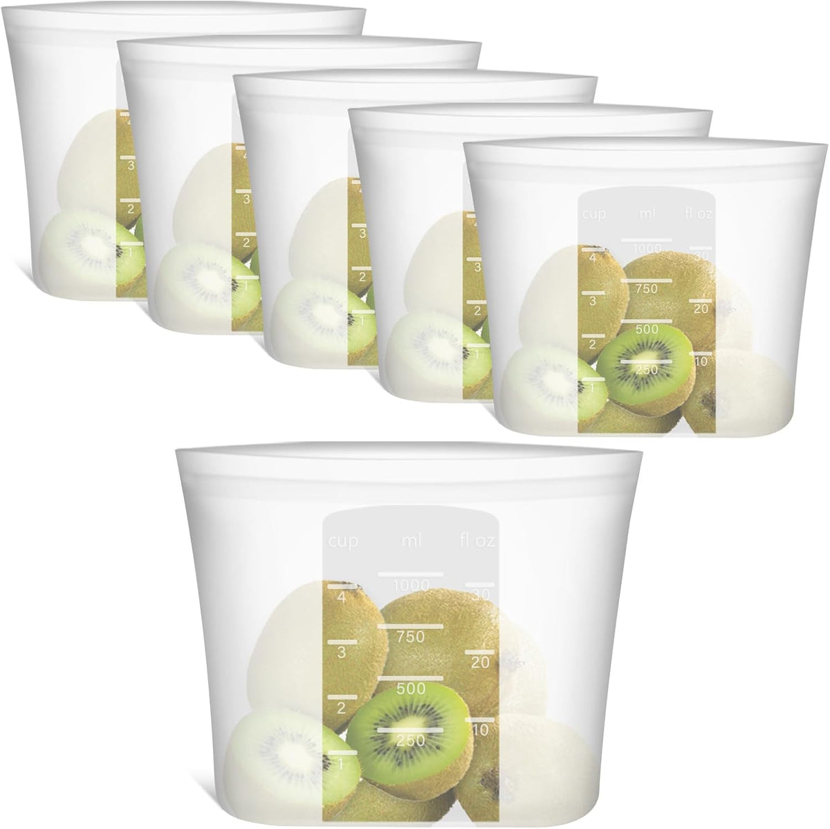 100% Silicone Reusable Storage Bag, Stand-Up Wide-Mouth Zip-Lock Food Storage Bags, Easy-Fill Easy-Open Easy-Clean Space-Saving, Microwave & Dishwasher Safe, 3 M/3 S/3 XS, Translucent