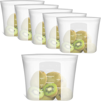 100% Silicone Reusable Storage Bag, Stand-Up Wide-Mouth Zip-Lock Food Storage Bags, Easy-Fill Easy-Open Easy-Clean Space-Saving, Microwave & Dishwasher Safe, 3 M/3 S/3 XS, Translucent