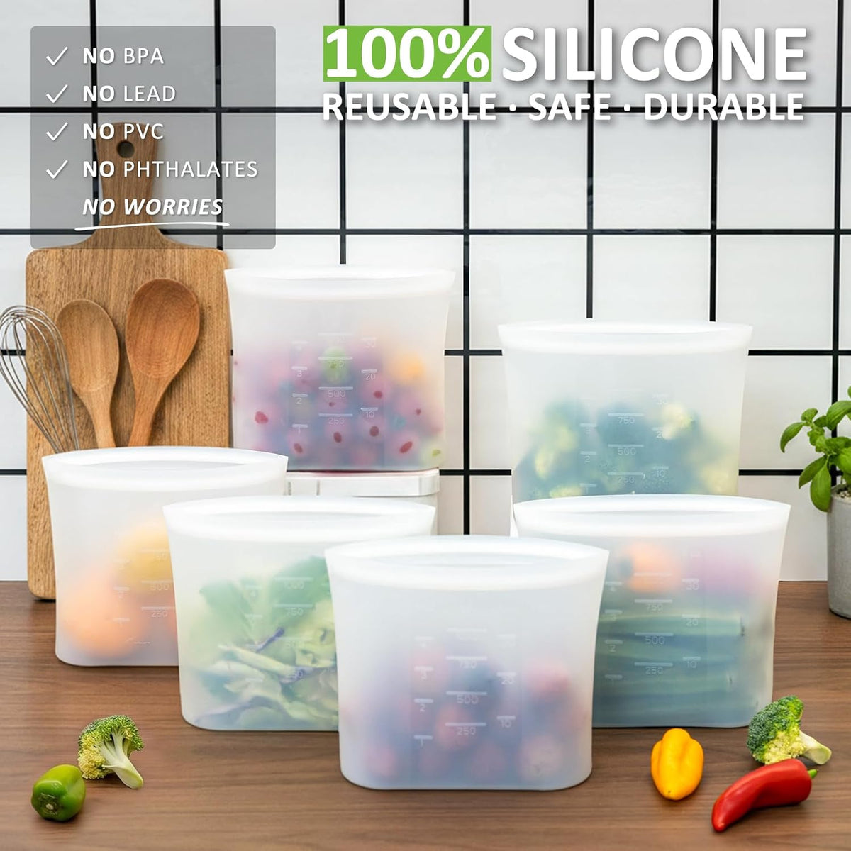 100% Silicone Reusable Storage Bag, Stand-Up Wide-Mouth Zip-Lock Food Storage Bags, Easy-Fill Easy-Open Easy-Clean Space-Saving, Microwave & Dishwasher Safe, 3 M/3 S/3 XS, Translucent