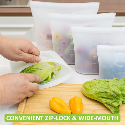 100% Silicone Reusable Storage Bag, Stand-Up Wide-Mouth Zip-Lock Food Storage Bags, Easy-Fill Easy-Open Easy-Clean Space-Saving, Microwave & Dishwasher Safe, 3 M/3 S/3 XS, Translucent