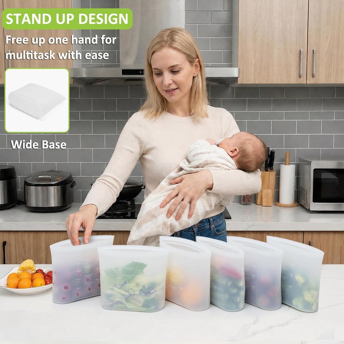100% Silicone Reusable Storage Bag, Stand-Up Wide-Mouth Zip-Lock Food Storage Bags, Easy-Fill Easy-Open Easy-Clean Space-Saving, Microwave & Dishwasher Safe, 3 M/3 S/3 XS, Translucent