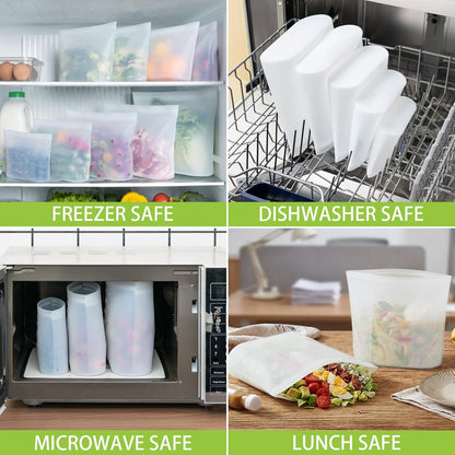 100% Silicone Reusable Storage Bag, Stand-Up Wide-Mouth Zip-Lock Food Storage Bags, Easy-Fill Easy-Open Easy-Clean Space-Saving, Microwave & Dishwasher Safe, 3 M/3 S/3 XS, Translucent