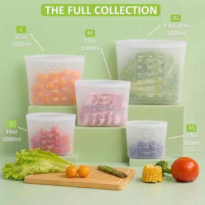 100% Silicone Reusable Storage Bag, Stand-Up Wide-Mouth Zip-Lock Food Storage Bags, Easy-Fill Easy-Open Easy-Clean Space-Saving, Microwave & Dishwasher Safe, 3 M/3 S/3 XS, Translucent