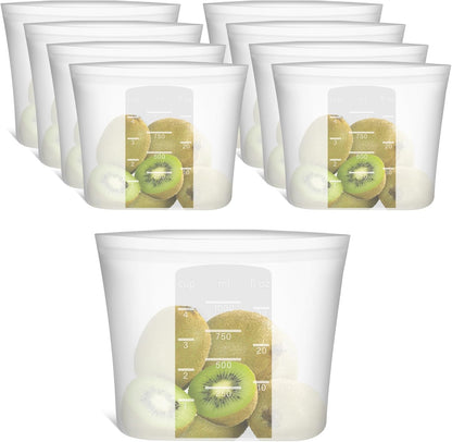 100% Silicone Reusable Storage Bag, Stand-Up Wide-Mouth Zip-Lock Food Storage Bags, Easy-Fill Easy-Open Easy-Clean Space-Saving, Microwave & Dishwasher Safe, 3 M/3 S/3 XS, Translucent