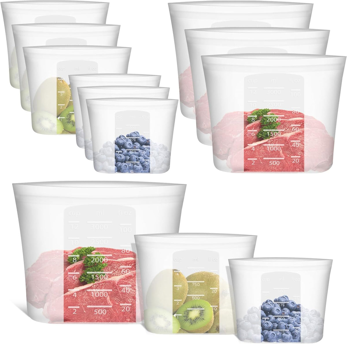 100% Silicone Reusable Storage Bag, Stand-Up Wide-Mouth Zip-Lock Food Storage Bags, Easy-Fill Easy-Open Easy-Clean Space-Saving, Microwave & Dishwasher Safe, 3 M/3 S/3 XS, Translucent
