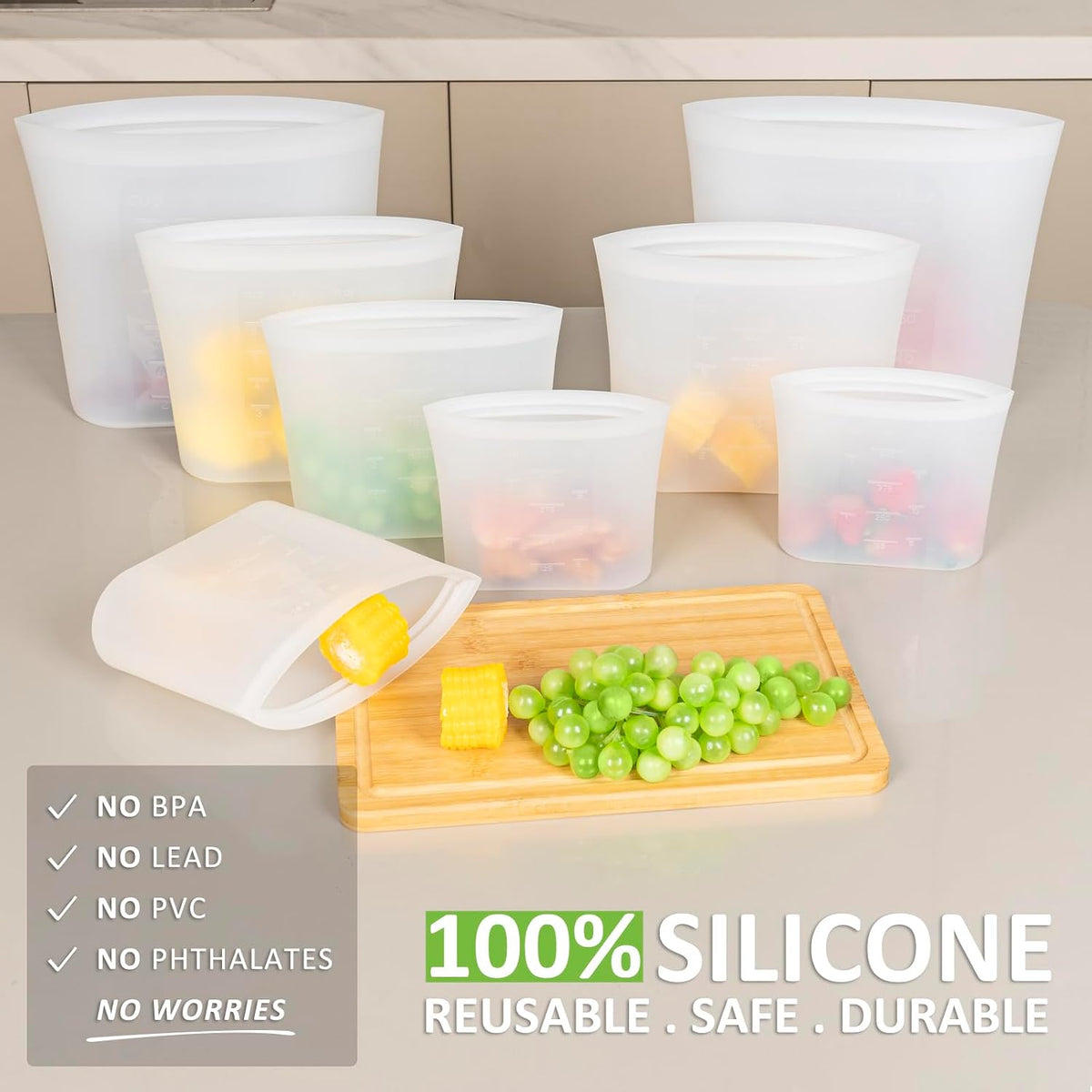 100% Silicone Reusable Storage Bag, Stand-Up Wide-Mouth Zip-Lock Food Storage Bags, Easy-Fill Easy-Open Easy-Clean Space-Saving, Microwave & Dishwasher Safe, 3 M/3 S/3 XS, Translucent