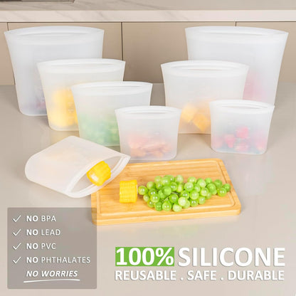 100% Silicone Reusable Storage Bag, Stand-Up Wide-Mouth Zip-Lock Food Storage Bags, Easy-Fill Easy-Open Easy-Clean Space-Saving, Microwave & Dishwasher Safe, 3 M/3 S/3 XS, Translucent