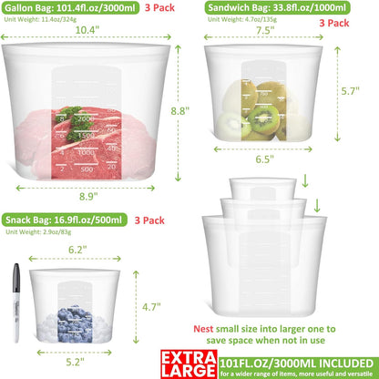 100% Silicone Reusable Storage Bag, Stand-Up Wide-Mouth Zip-Lock Food Storage Bags, Easy-Fill Easy-Open Easy-Clean Space-Saving, Microwave & Dishwasher Safe, 3 M/3 S/3 XS, Translucent