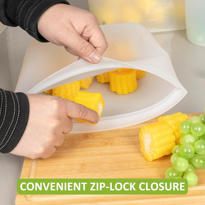100% Silicone Reusable Storage Bag, Stand-Up Wide-Mouth Zip-Lock Food Storage Bags, Easy-Fill Easy-Open Easy-Clean Space-Saving, Microwave & Dishwasher Safe, 3 M/3 S/3 XS, Translucent