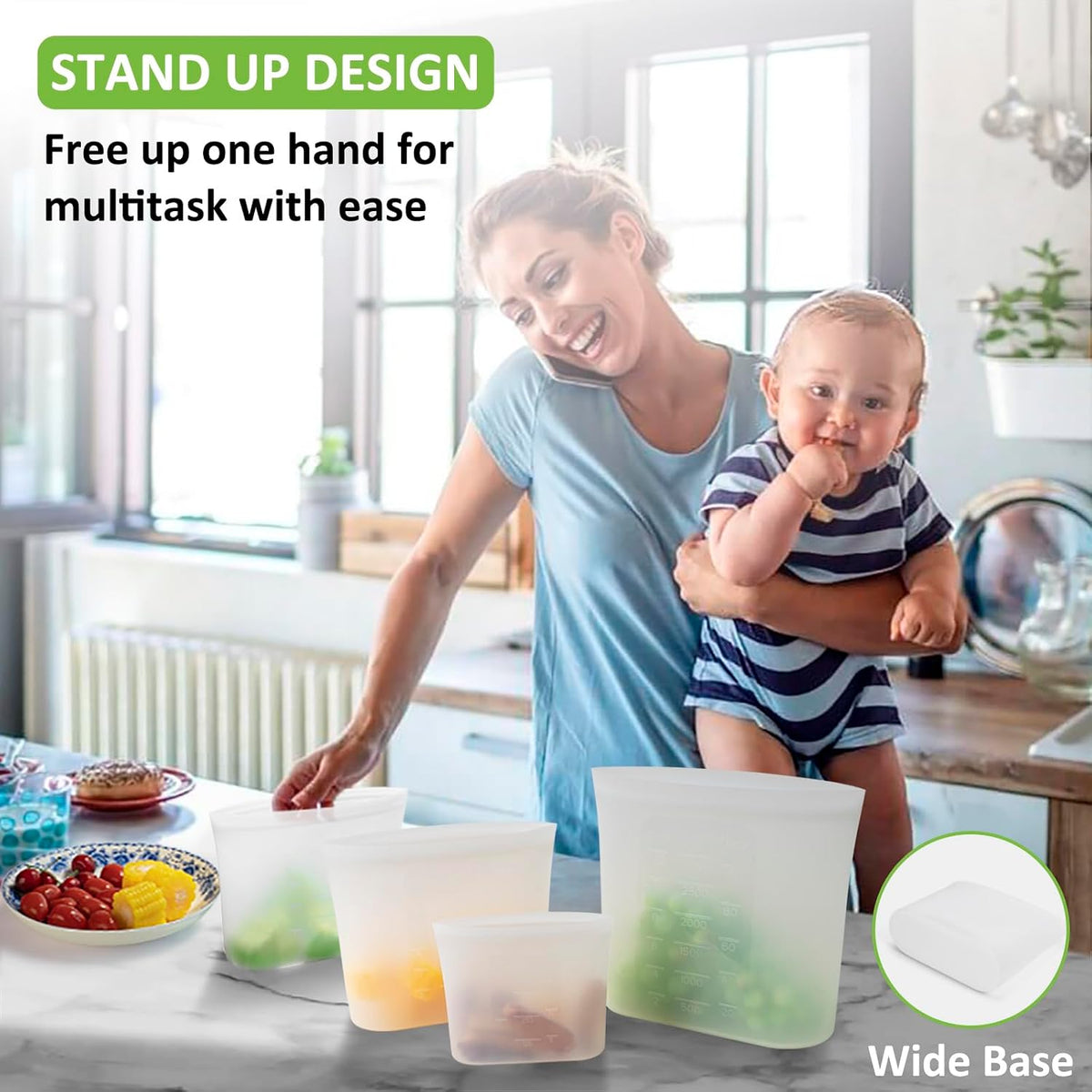 100% Silicone Reusable Storage Bag, Stand-Up Wide-Mouth Zip-Lock Food Storage Bags, Easy-Fill Easy-Open Easy-Clean Space-Saving, Microwave & Dishwasher Safe, 3 M/3 S/3 XS, Translucent