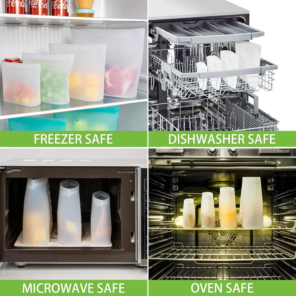 100% Silicone Reusable Storage Bag, Stand-Up Wide-Mouth Zip-Lock Food Storage Bags, Easy-Fill Easy-Open Easy-Clean Space-Saving, Microwave & Dishwasher Safe, 3 M/3 S/3 XS, Translucent