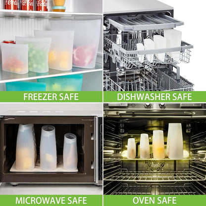 100% Silicone Reusable Storage Bag, Stand-Up Wide-Mouth Zip-Lock Food Storage Bags, Easy-Fill Easy-Open Easy-Clean Space-Saving, Microwave & Dishwasher Safe, 3 M/3 S/3 XS, Translucent